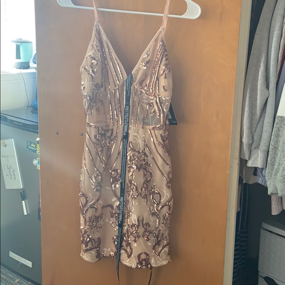 Rose Gold Strappy Sheer Panel Sequin Bodycon Dress